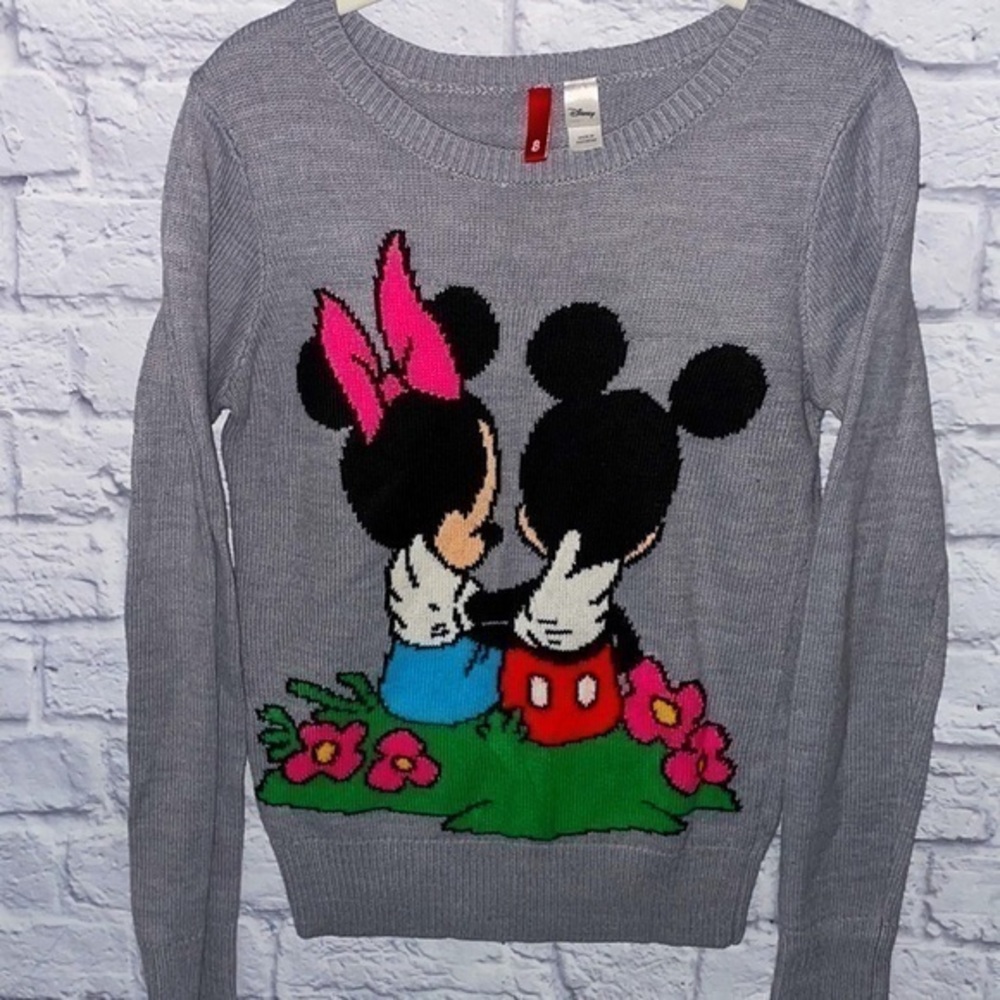 H&M Disney Mickey & Minnie Hug Embrace Floral Long Sleeve Pullover Crew Sweater
